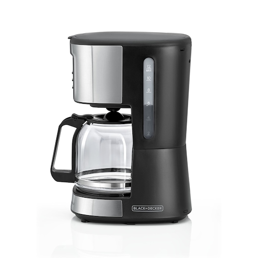 BLACK+DECKER DCM85 black drip coffee maker with glass carafe, side angle on white background.