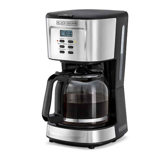 Photo of BLACK+DECKER DCM85 coffee maker with digital display and glass carafe, front angle on white background.
