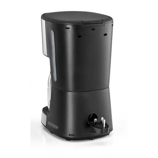 BLACKDECKER DCM85 coffee maker rear angle, black finish, water level window, UK plug, white background.