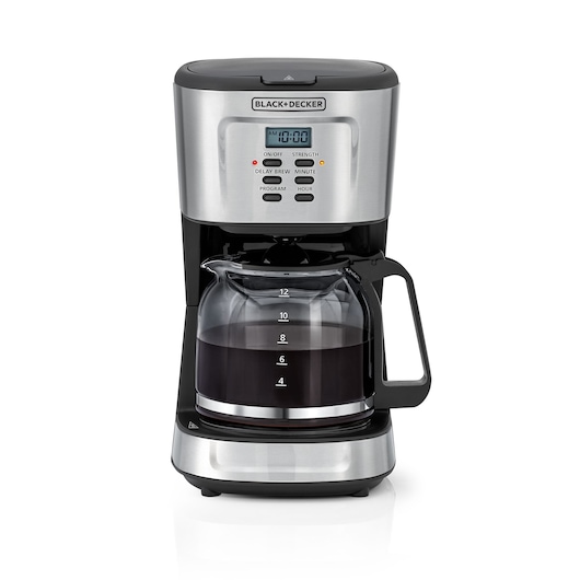BLACK+DECKER DCM85 coffee maker front angle, stainless steel finish, digital display and glass carafe.