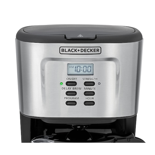 BLACK+DECKER DCM85 coffee maker control panel, silver and black, front angle, digital display.