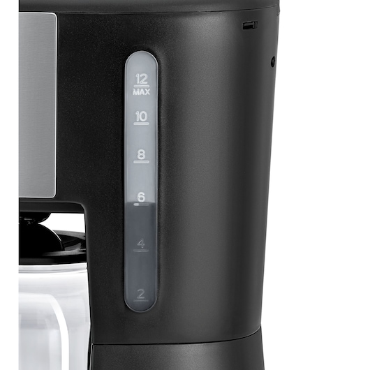 BLACKDECKER DCM85 coffee maker water level indicator, close-up, black finish, photography, right side angle