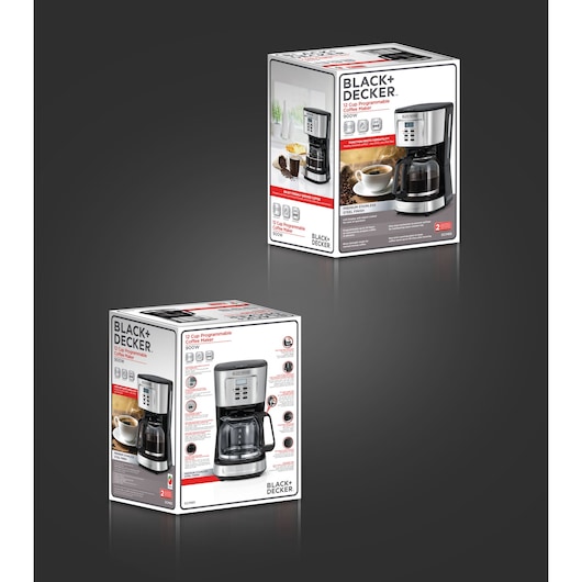 Photo of BLACK+DECKER DCM85 coffee maker in packaging, 12-cup programmable, black and stainless steel, box front and back.