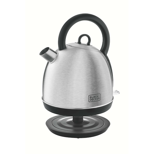BLACK+DECKER DK40 electric kettle with brushed stainless steel finish, side view on white background.