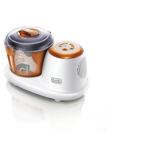 A BLACK+DECKER food processor with a white base and orange accents, featuring a transparent container and a control panel on the side.