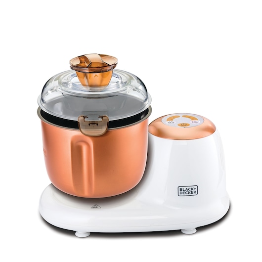 A BLACK+DECKER kitchen appliance with a metallic copper-colored cooking bowl, a clear lid with a measuring cup insert, and a white base featuring electronic control buttons.
