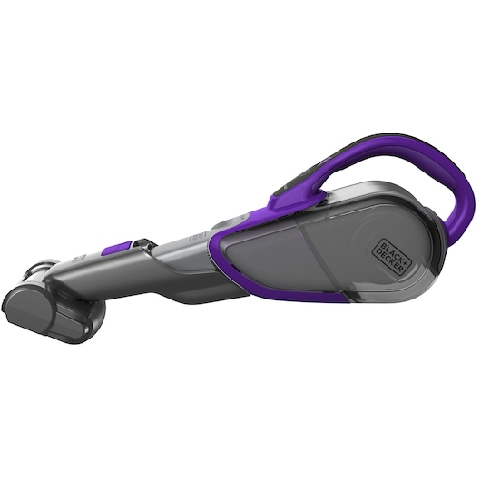 A BLACK+DECKER handheld vacuum cleaner with a modern design, featuring gray and purple accents, and an ergonomic handle.