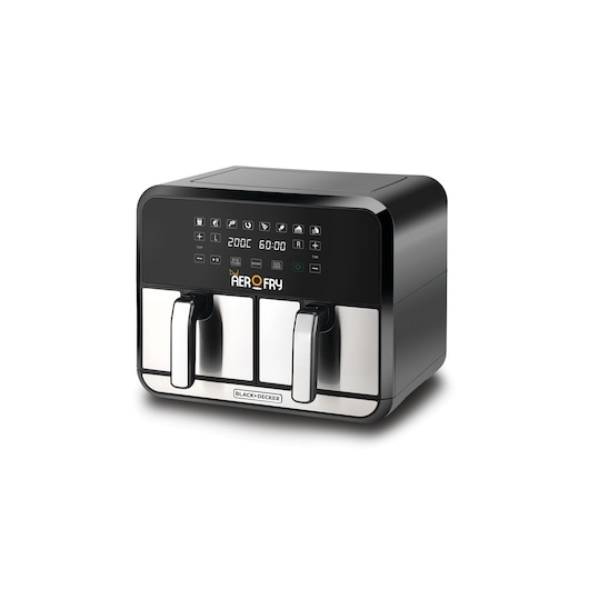 BLACK+DECKER Dual AeroFry air fryer with two drawers, digital touchscreen controls, and a stainless steel finish.