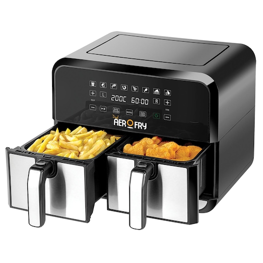 A BLACK+DECKER dual basket air fryer with a digital control panel, featuring two open baskets with cooked fries and breaded chicken pieces inside.