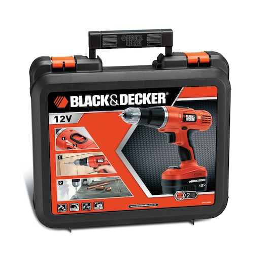 BLACK+DECKER EPC128BK cordless drill 12V with black and orange hard carrying case, front angle.