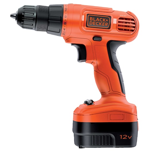 A BLACK+DECKER 12V cordless power drill, orange and black in color, with ergonomic handle and adjustable torque settings.