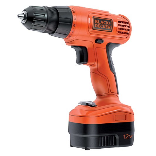 BLACKDECKER EPC12CAB orange cordless drill photography, side angle on white background.