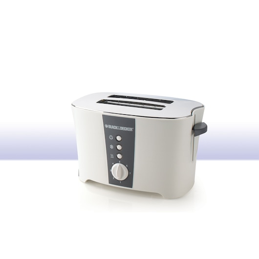 BLACK+DECKER ET122 toaster, white with grey panel, two slots, front angle on white background.