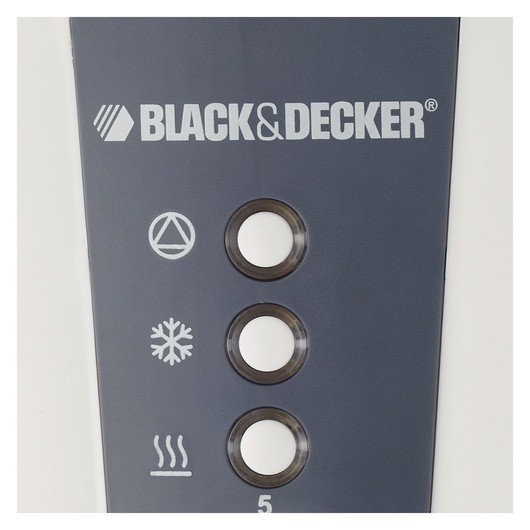 BLACKDECKER ET122 panel close-up with three function buttons and icons, photography on white background.