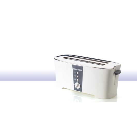 BLACK+DECKER ET124 long slot toaster in white with control panel and buttons visible, placed on a reflective surface against a white background.