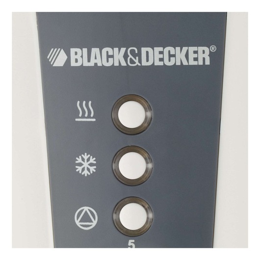 Photo of BLACK+DECKER ET124 control panel with three round buttons and hot, cold, and triangle icons.