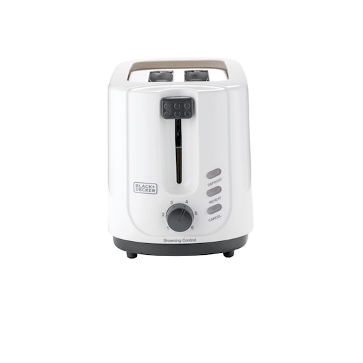 BLACK+DECKER ET125 white 2-slice toaster, front angle, with browning control knob and function buttons.