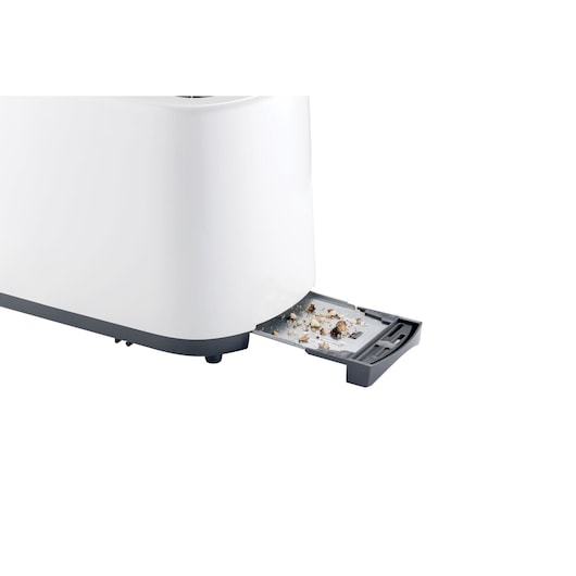 BLACKDECKER ET125 toaster with crumb tray extended, showing bread crumbs, side angle on white background.
