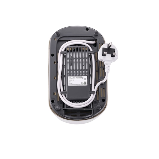 BLACK+DECKER ET125 electric appliance base with coiled white power cord and UK plug, top-down angle.