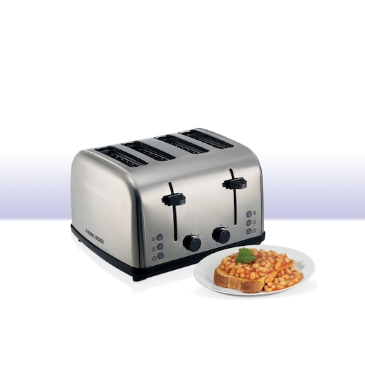 BLACKDECKER ET304 stainless steel 4-slice toaster front angle, plate of baked beans on toast beside it.