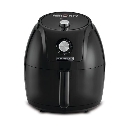 Aerofry Black and Decker Mechanical Control Air fryer black color front view with timer and temperature control knobs