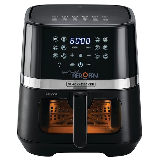 1800W Black and Decker 12 in 1 Multifunction Grand Digital Aerofry front view with closed basket and lit viewing window