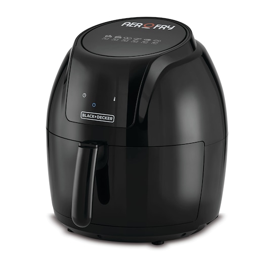 Aerofry Black and Decker Digital Control Air fryer black color left side view with power on icon on digital display panel