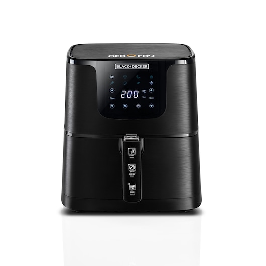 Grand Digital AeroFry Black and Decker Air Fryer Front View with digital display switched ON