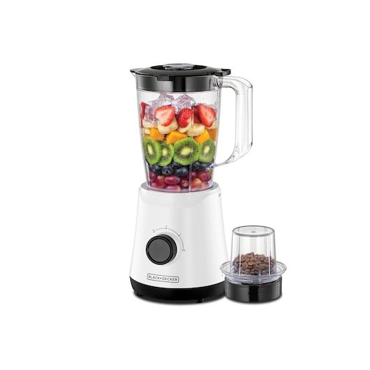 Blender Black and Decker front view with blender jar full of fruit slices and grinder mill with coffee beans next to blender