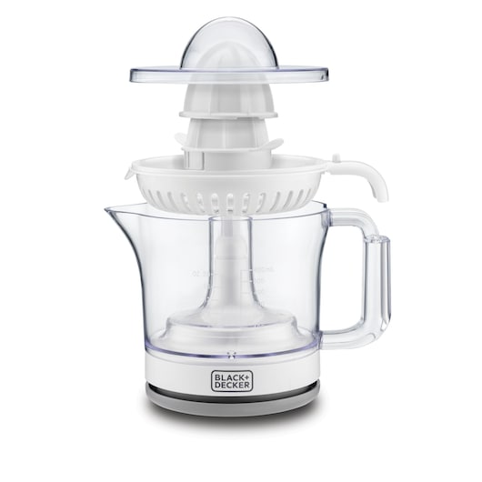 Citrus Juicer Black and Decker Juicer Front View with strainer and juicing cones and dust protection cover