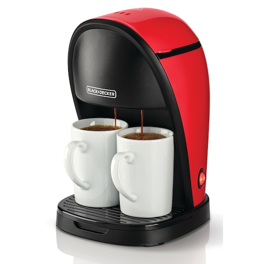 Twin Serve Coffee Maker Black and Decker Left side view with coffee dispensing into 2 white coffee cups