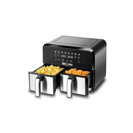 1700W Airfryer Black and Decker Dual Aerofry Stainless Steel open baskets with fries on left and chicken nuggets on right
