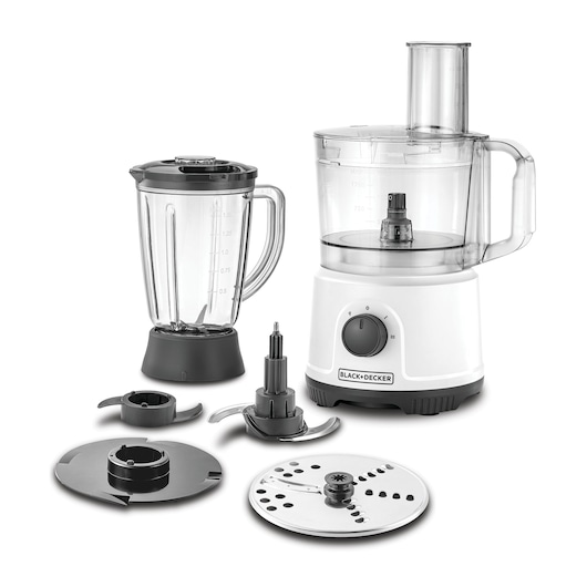 800W Black and Decker White Plastic Food Processor front view with 5 accessories placed in front and blender on side