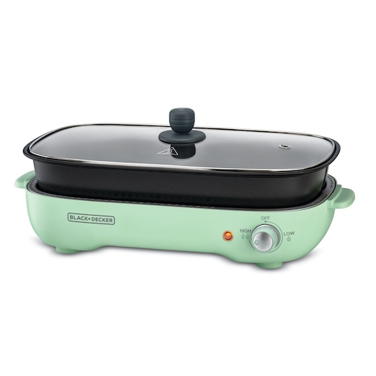 1400W Black and Decker Multifunction Hotpot Grill Green front view with hotpot and glass lid and power knob in operation