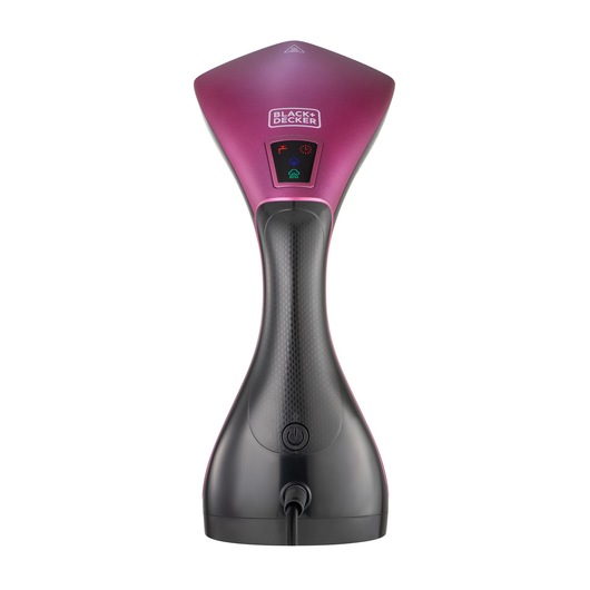1600W Black and Decker Digital Handheld Garment Steamer back view showing the display panel fully lit and steam control button