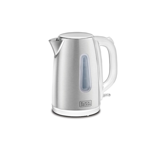 2200W Black and Decker 1.7L White Stainless Steel Kettle front view showing translucent water level viewing window and logo