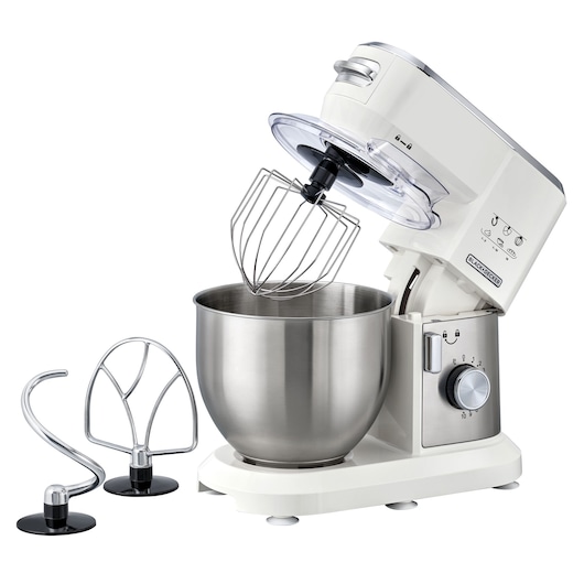 Kitchen Machine Black and Decker left front view of stainless steel bowl whisk attached to the unit with hook and beater on side