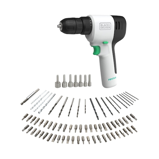 BLACK+DECKER reviva™ 12V Cordless Drill Driver complete with 80 accessories side view