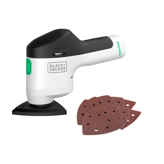 BLACK+DECKER reviva™ 12V Cordless Detail Sander complete with 10 accessories side view