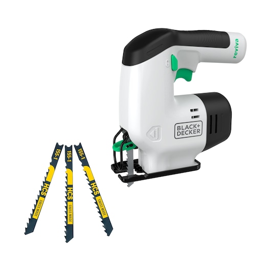 BLACK+DECKER reviva™ 12V Cordless Jigsaw complete with 3 accessories side view