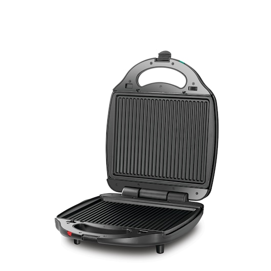 2 in 1 Black and Decker 4 Slice Sandwich and Grill Maker front view open 90 degrees with grill plates