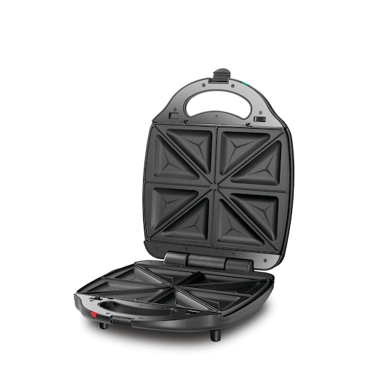 3 in 1 Black and Decker 4 Slice Sandwich, Grill and Waffle Maker front view open 90 degrees with sandwich plates