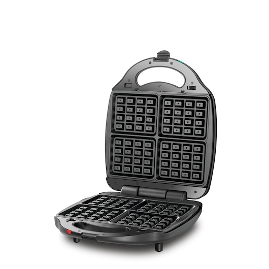 3 in 1 Black and Decker 4 Slice Sandwich, Grill and Waffle Maker front view open 90 degrees with waffle plates