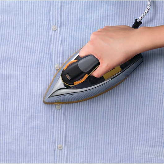 BLACKDECKER F550 iron being used on light blue striped shirt, close-up top view.