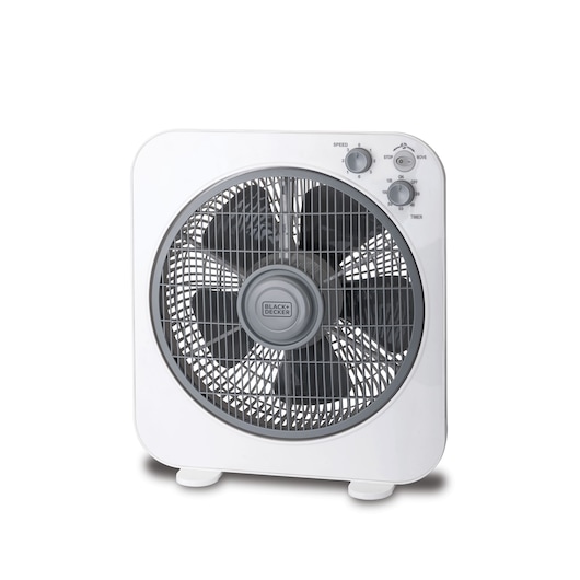 A BLACK+DECKER box fan with a white and grey design, featuring a circular grill, adjustable speed, timer controls, and resting on two small feet.