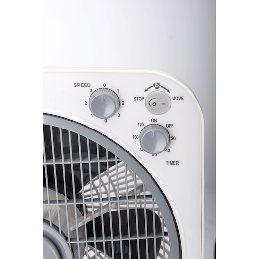 BLACKDECKER FB1220 fan control panel with speed and timer dials, close-up on white background.