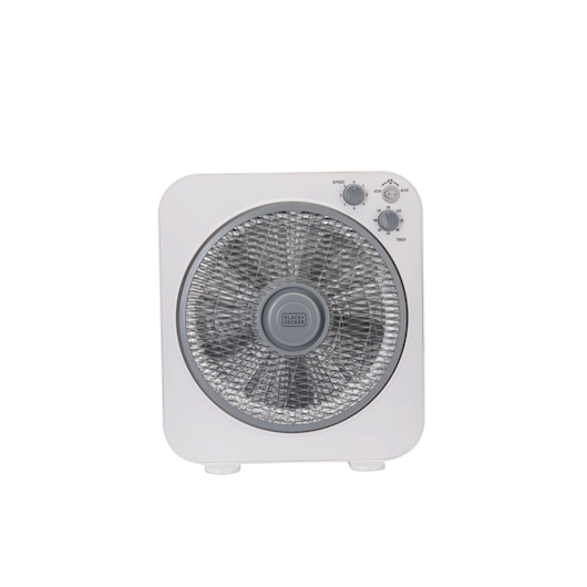 Photo of BLACKDECKER FB1220 white box fan with control knobs, front angle, product photography.