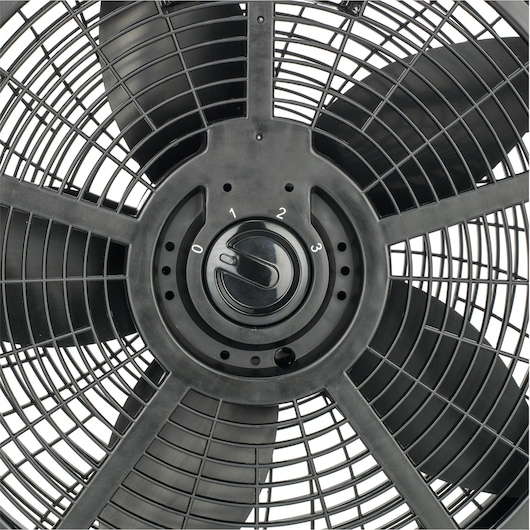 BLACKDECKER FB1620SA fan front view showing black blades and speed control dial.
