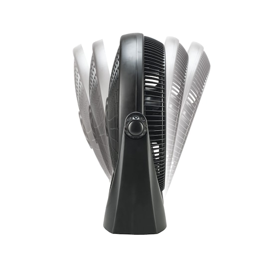 Photo of BLACKDECKER FB1620SA adjustable black table fan, shown at different tilt angles, front view, white background.