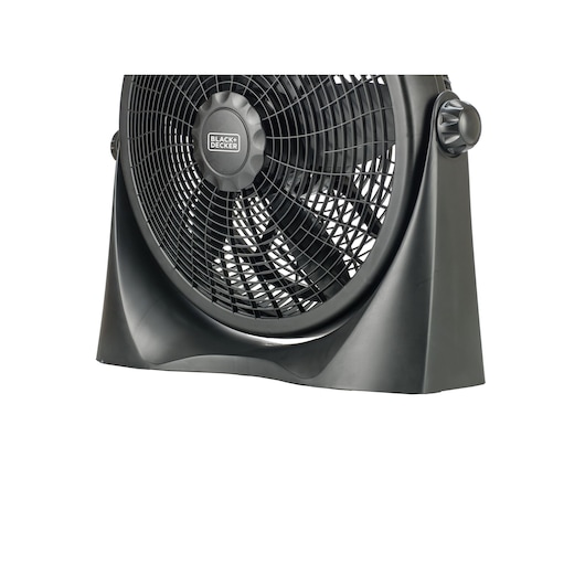 Photo of BLACK+DECKER FB1620SA black box fan, front angle with control knob visible, plastic housing.